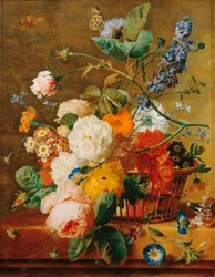 Corbeille de fleurs avec piedestal sur fond de parc - A basket …