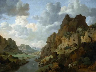 Néerlandais : Paysage de montagne avec des voyageurs au repos Paysage rocheux.