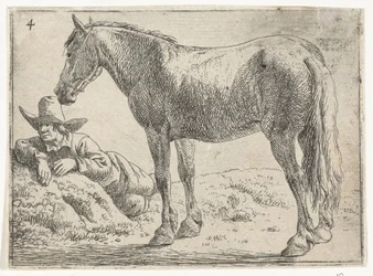 Cheval debout avec cavalier au repos Paysages avec chevaux (titre de la série)
