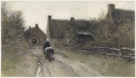 Vue de village avec femme et brouette