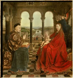 La Vierge du chancelier Rolin. Nicolas Rolin (1376-1461) fut chancelier de Bourgogne sous Philippe le Bon et fondateur des Hospices de Beaune en 1443. Peinture de Jan van Eyck (1390-1441). XVe siècle. Sun. 0,66x0,62 m Paris