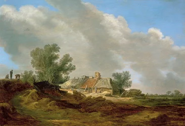 Paysage de dunes avec chalet et personnages