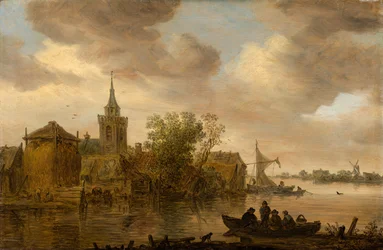 Vue de rivière avec église et ferme