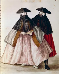Personnages de carnaval à Venise, illustration du livre illustré des costumes vénitiens, par Jan Grevenbroeck (1731-1807), aquarelle, Italie