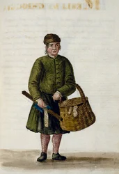 Vendeuse de dentelle de Chioggia, illustration du manuscrit des vêtements vénitiens, Volume IV, c 68, par Jan Grevenbroeck, aquarelle, Italie
