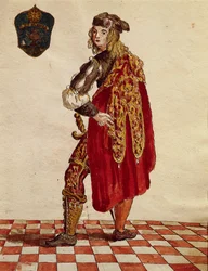 Costume de chevalier de la Confrérie de la Calza en 1564, par Jan van Grevenbroeck, Gli Abiti de Veneziani