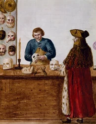 La boutique de masques, illustration du livre illustré des costumes vénitiens, Italie