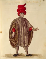 Jeune homme portant une "Dogalina", robe formelle à larges manches, Gli Abiti de Veneziani, extrait du livre illustré de costumes
