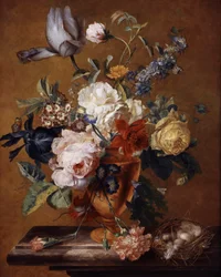 Fleurs dans un vase. Peinture de Jan van Huysum (1682-1749) Collection privee.