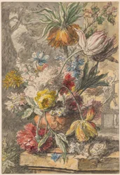 Fleurs dans une urne et nid d
