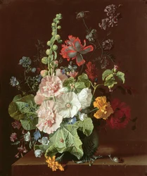 Roses trémières et autres fleurs dans un vase, 1702-20