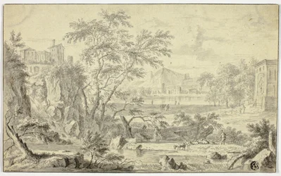 Paysage italianisant avec berger et troupeau près d