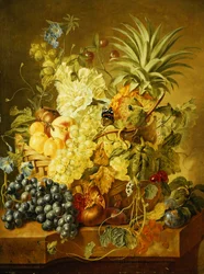 Prunes, une Pêche, Raisins, un Melon, un Ananas, une Figue, Groseilles, Cerises et Fleurs dans un Panier, et Raisins, une Grenade, Prunes et une Figue, avec des Papillons sur un Rebords de Pierre