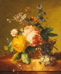 Roses et autres fleurs dans un panier sur une corniche en marbre, vers 1742