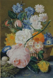 Roses, ipomées, narcisses, asters et autres fleurs dans un panier, avec des œufs dans un nid sur un entablement de marbre, 1744