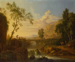 Paysage boisé avec un couple de paysans près d