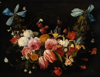 Guirlande de roses, tulipes, dahlias et autres fleurs