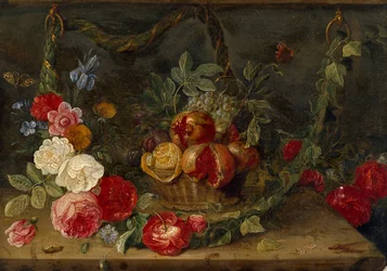 Composition de nature morte décorative avec un panier de fruits