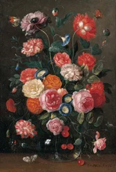Roses, œillets, gloire du matin, un coquelicot et une branche de cerises dans un vase en verre, un mur brun, une pointe orange, un amiral rouge et un papillon magpie sur une table, 1676