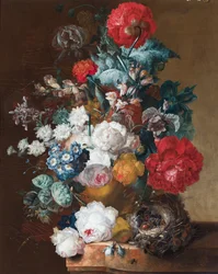 Nature morte de fleurs comprenant des coquelicots, des antirrhinums et un nid d