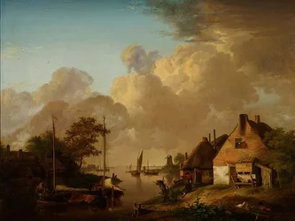Paysage fluvial avec village, barges et paysans