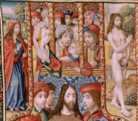 Tapisserie flamande. Série Épisodes de la vie de la Vierge. Les prophéties sont accomplies à la naissance du Christ. Première tapisserie de la série. Modèles attribués à Jan van Roome (ou van B)