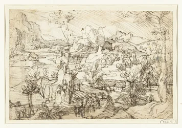 Paysage avec rochers, figures et un voilier