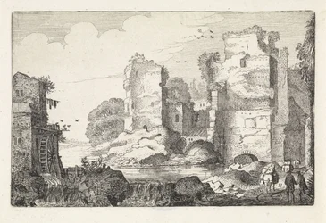 Paysage avec ruines et un moulin à eau