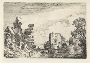 Tour et une église dans un paysage