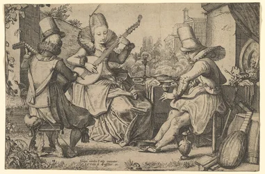Deux hommes élégamment vêtus et une femme dans un jardin, 1613-41