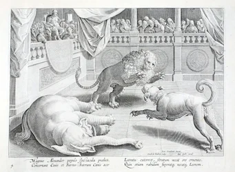 Alexandre le Grand met en scène un spectacle, un combat de lion, chien et éléphant, illustration de 