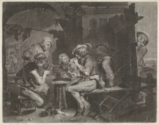Joueurs de cartes et un homme urinant
