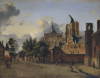 Une rue à Cologne avec la cathédrale inachevée au centre