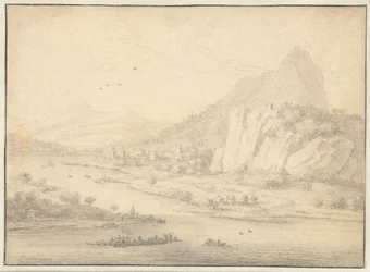 Paysage fluvial montagneux avec bateaux
