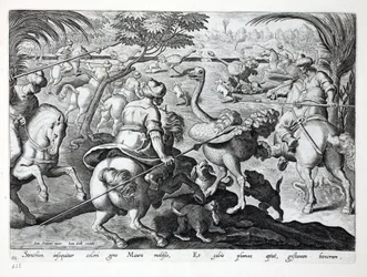 Maures à cheval chassant des autruches, planche 62, illustration tirée de « Venationes, Ferarum, Avium, Piscium » (De la chasse : bêtes sauvages, oiseaux, poissons), gravée par Jan Collaert (1566-1628), publiée par Phillipus