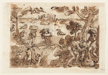 Recto : Chasse aux canards avec des citrouilles aux Antilles ; Verso, en haut : Chasse au crocodile dans le Nil ; Verso, en bas : Chasse aux tigres avec des pièges et des miroirs