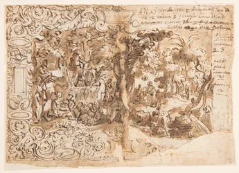 Recto : Dessin de tapisserie avec Jean-Baptiste prêchant (ou Christ parmi les spectateurs) ; Verso : inscription