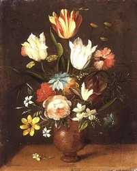 Tulipes, roses, œillets et autres fleurs dans un vase