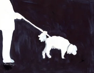 Homme promenant son chien dans Indigo III, vers 2021 (aquarelle sur papier)