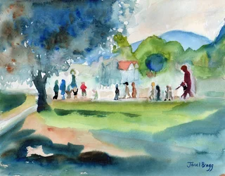 École Montessori traversant la rue, c.2015 (aquarelle sur papier)