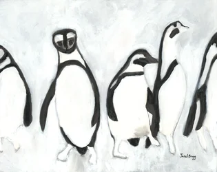 Pingouins au zoo de Woodland Park, vers 2021 (encre de sumi et gesso sur papier)