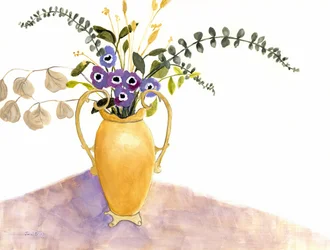 Nature morte aux fleurs violettes et vase anglais, vers 2024 (aquarelle sur papier)