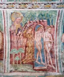 Église fortifiée de Hrastovlje, Église de la Trinité, Adam et Ève expulsés du Paradis (1490) (détail)