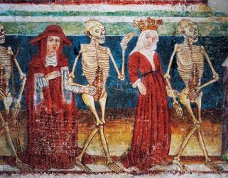 Église fortifiée de Hrastovlje, Église de la Trinité, La Mort accompagnant la Reine et le cardinal, Danse Macabre (1490), détail des fresques par Janez Iz Kastva, Slovénie