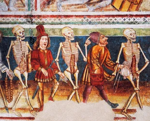 Église fortifiée de Hrastovlje, Église de la Trinité, La Mort accompagnant un marchand et un riche banquier, Danse macabre (1490), détail des fresques de Janez Iz Kastva, Slovénie