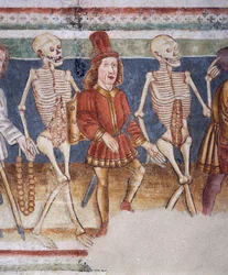 Église fortifiée de Hrastovlje, Église de la Trinité, La Mort accompagnant un marchand et un riche banquier, Danse macabre (1490), détail des fresques de Janez Iz Kastva, Slovénie