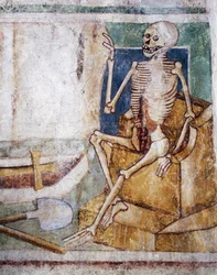 Église fortifiée de Hrastovlje, Église de la Trinité, La Mort ouvrant la dalle du tombeau, Danse macabre (1490), détail des fresques de Janez Iz Kastva, Slovénie