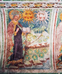 Église fortifiée de Hrastovlje, Église de la Trinité, Genèse, Dieu crée le soleil, la lune et les étoiles (1490), détail des fresques de Janez Iz Kastva, Slovénie
