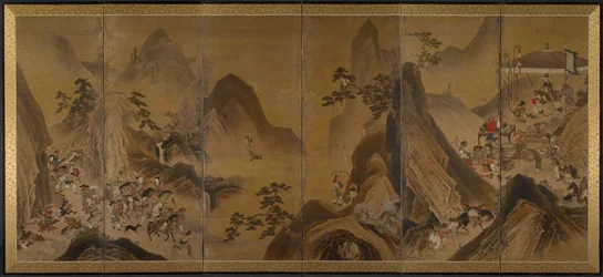 Tartares chassant dans un paysage montagneux
