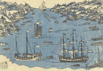 Impression de Bunkindo de navires étrangers dans le port de Nagasaki, 1800-50